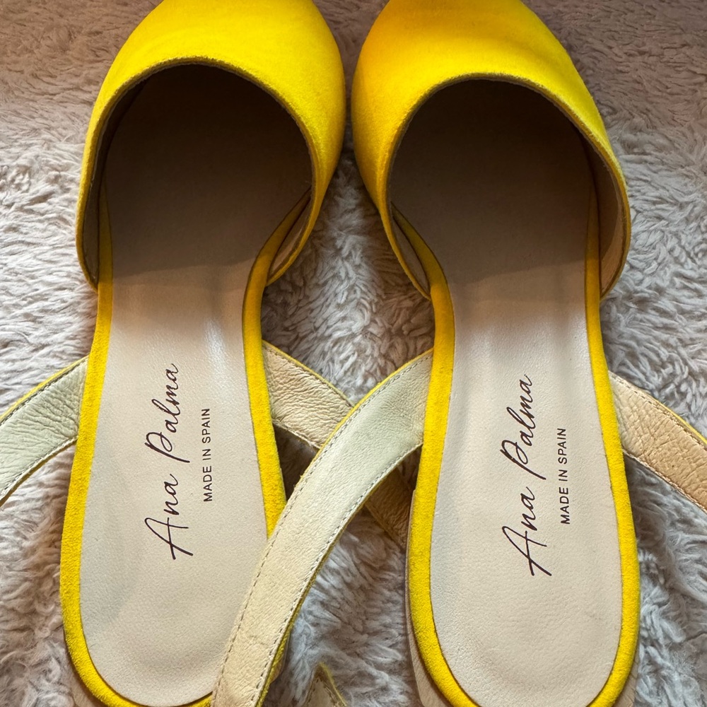 Ana Palma Suede Leather Yellow Slingback Pointed Toe Flat Sandals Size 9.5-10 - Picture 4 of 9